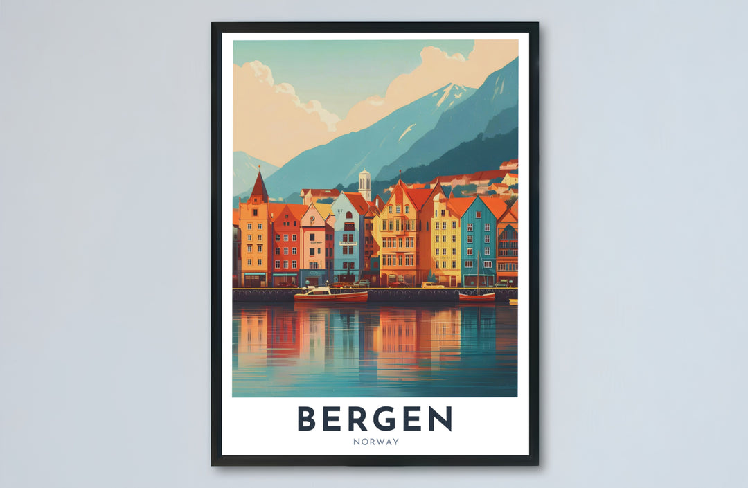 Warm vector travel poster depicting the historic harbour front of Bryggen in Bergen Norway with boats gently docked along the quay. Transform your home studio or bedroom wall space with options ranging from unframed paper prints to sturdy framed posters and gallery stretched canvas setups.
