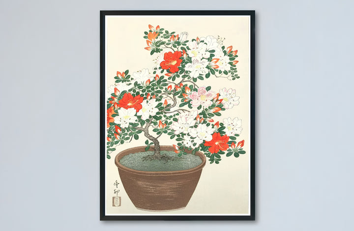 Rich 1920s red and white azalea canvas print showcasing Ohara Koson vintage Japanese artwork from Kyoto collections. Buy high-definition framed, unframed, and canvas posters directly from MapYourDreams.