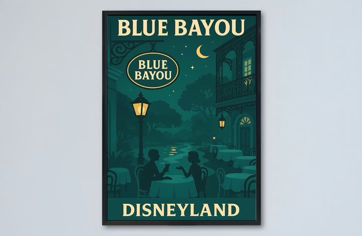 Blue Bayou Disneyland poster capturing moody green twilight hues and romantic waterfront dining in New Orleans Square, offered by MapYourDreams with catalog selections for an unframed matte paper poster, a durable gallery wrapped canvas, or a custom frame for lounge wall styling.