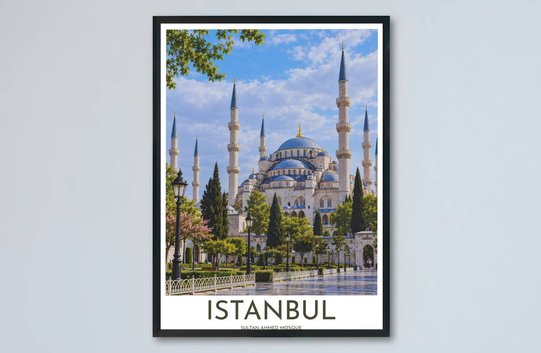 Fine art travel poster of Blue Mosque Istanbul with clean title text and subtitle reading Sultan Ahmed Mosque. Provided by MapYourDreams, this artwork is available in flexible options including unframed paper, custom wooden frames, and gallery canvas wraps for contemporary setups.