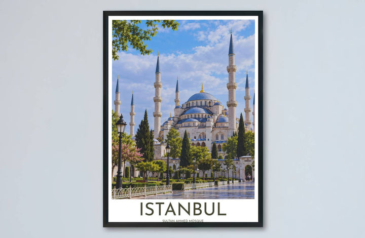 Fine art travel poster of Blue Mosque Istanbul with clean title text and subtitle reading Sultan Ahmed Mosque. Provided by MapYourDreams, this artwork is available in flexible options including unframed paper, custom wooden frames, and gallery canvas wraps for contemporary setups.