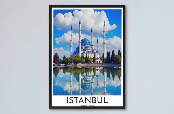 Water reflection landscape print of Istanbul Blue Mosque showcasing six minarets and central blue dome structure. Made by MapYourDreams, this artwork is available in flexible options including unframed paper, custom wooden frames, and gallery canvas wraps for living space wall art.