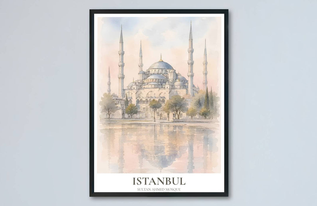 Lake reflection landscape print of Istanbul Blue Mosque showcasing six minarets and soft pastel architectural details. Made by MapYourDreams, this artwork is available in flexible options including unframed paper, custom wooden frames, and gallery canvas wraps for living space wall art.