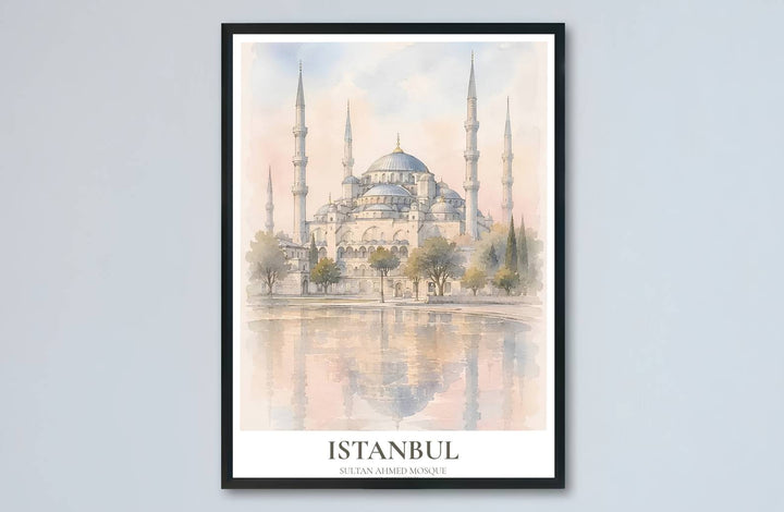 Lake reflection landscape print of Istanbul Blue Mosque showcasing six minarets and soft pastel architectural details. Made by MapYourDreams, this artwork is available in flexible options including unframed paper, custom wooden frames, and gallery canvas wraps for living space wall art.