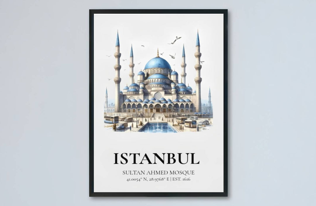 Minimalist watercolor art print of Istanbul Blue Mosque showcasing six minarets and cascading blue dome structure. Made by MapYourDreams, this artwork is available in flexible options including unframed paper, custom wooden frames, and gallery canvas wraps for living space wall art.