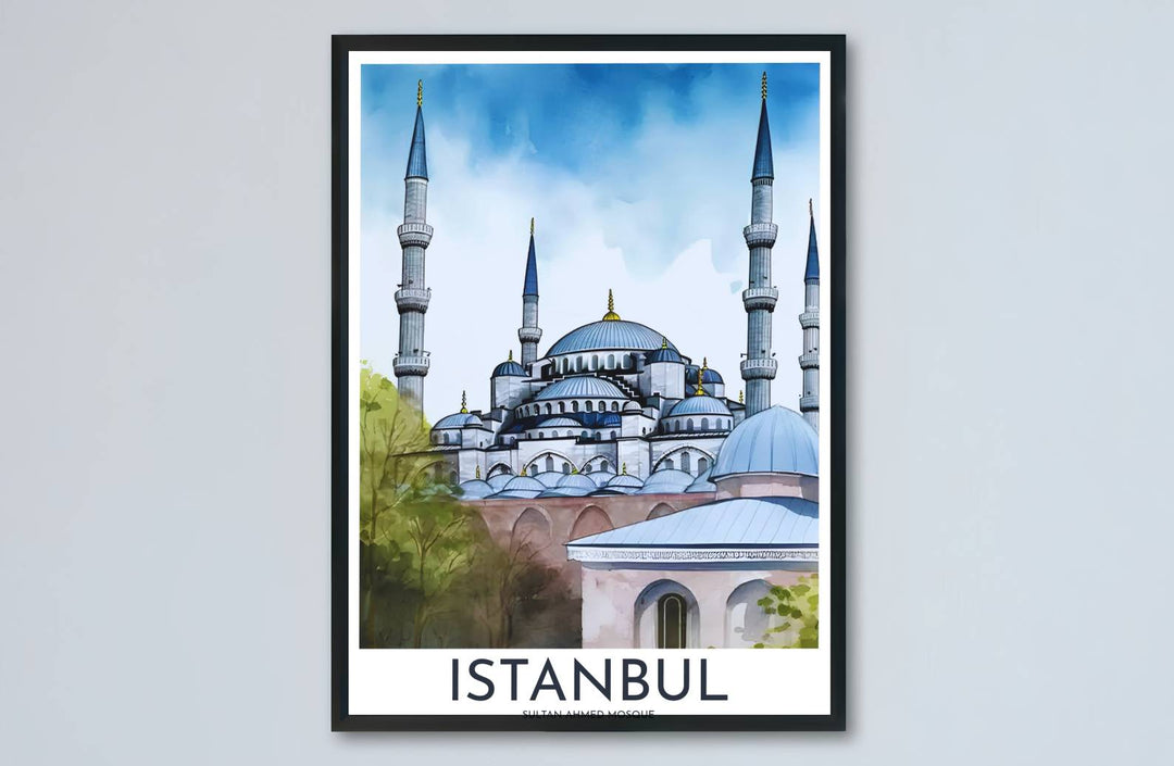 Scenic Turkish architecture poster of Istanbul Blue Mosque rendered in an expressive watercolor aesthetic. Developed by MapYourDreams, this artwork is available in flexible options including unframed paper, custom wooden frames, and gallery canvas wraps for hallway wall decor.