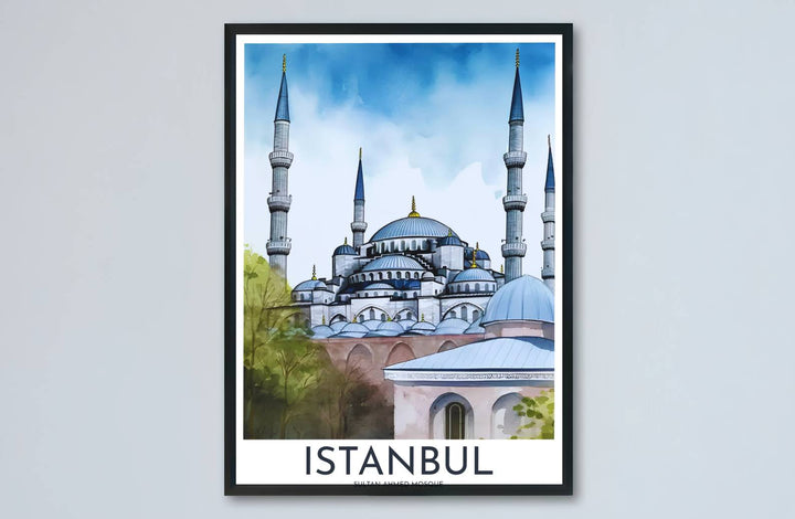 Scenic Turkish architecture poster of Istanbul Blue Mosque rendered in an expressive watercolor aesthetic. Developed by MapYourDreams, this artwork is available in flexible options including unframed paper, custom wooden frames, and gallery canvas wraps for hallway wall decor.