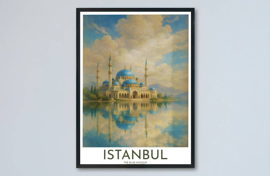 Mountain lake landscape oil painting print of Istanbul Blue Mosque showcasing blue dome structures and surrounding pines. Made by MapYourDreams, this artwork is available in flexible options including unframed paper, custom wooden frames, and gallery canvas wraps for living space wall art.