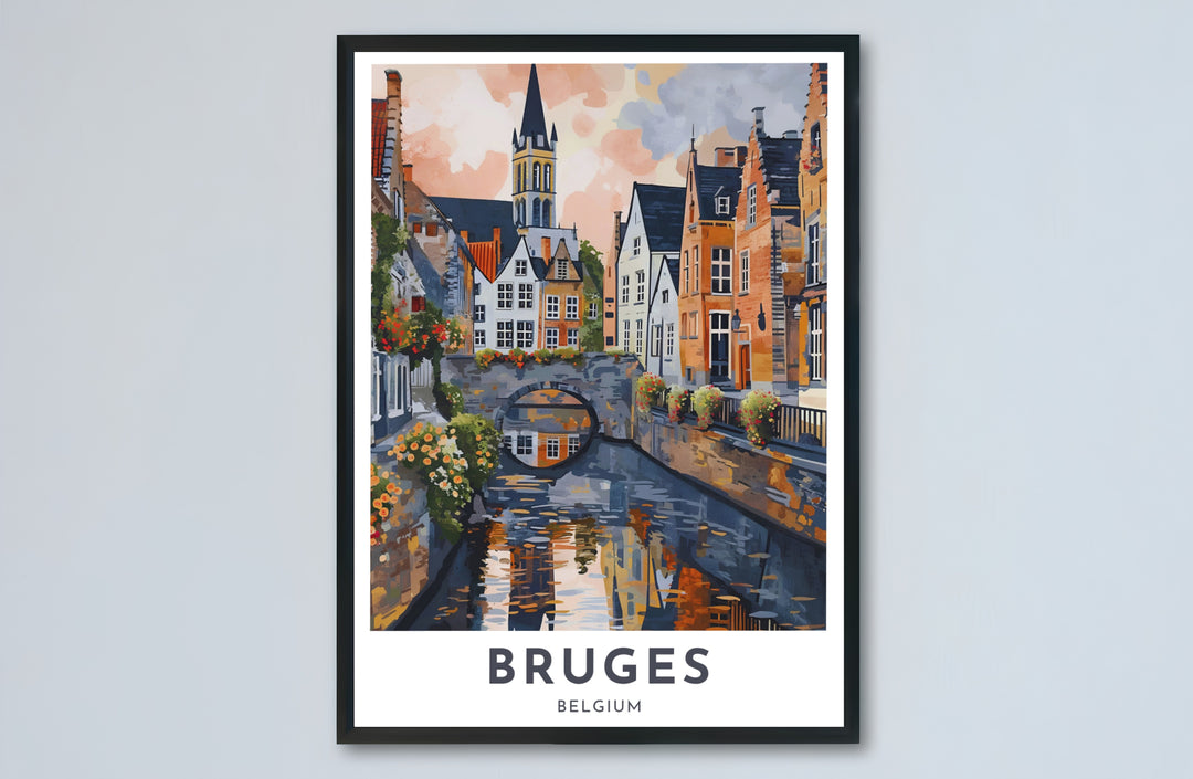 A stylish travel poster illustrating Bruges, Belgium, focusing on its iconic canal and historic guild house architecture in warm textured tones. Choose from versatile formats including budget-friendly unframed paper, solid wood framed finishes, and gallery canvas wall art.