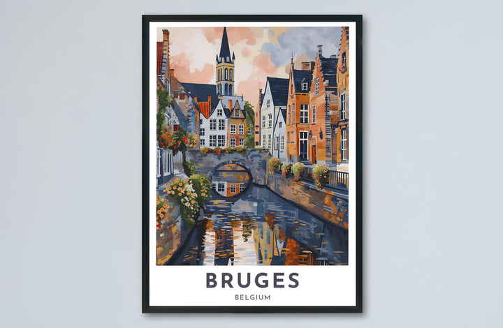 A stylish travel poster illustrating Bruges, Belgium, focusing on its iconic canal and historic guild house architecture in warm textured tones. Choose from versatile formats including budget-friendly unframed paper, solid wood framed finishes, and gallery canvas wall art.