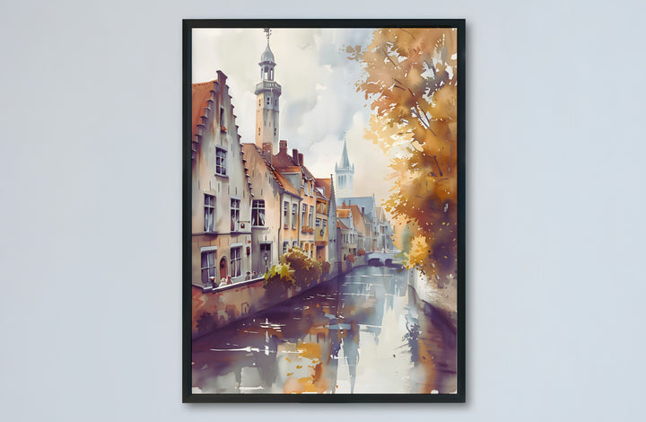 A stylish travel poster illustrating Bruges, Belgium, focusing on autumn canal scenery and historic brick architecture in warm translucent colors. Choose from versatile formats including budget-friendly unframed paper, solid wood framed finishes, and gallery canvas wall art.