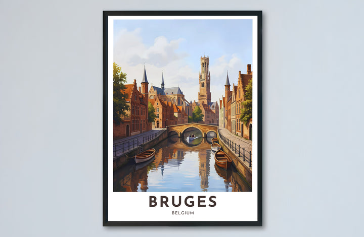 A stylish travel poster illustrating Bruges, Belgium, focusing on its famous Belfry Tower and canal boats in a crisp modern graphic style. Choose from versatile formats including budget-friendly unframed paper, solid wood framed finishes, and gallery canvas wall art.
