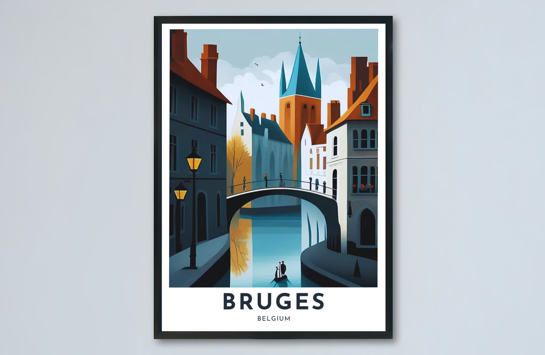 A clean vector art print highlighting the medieval architecture, stone bridges, and glowing streetlamps of Bruges, Belgium. Offered by MapYourDreams, this artwork is available in flexible options including unframed paper, custom wooden frames, and gallery canvas wraps.
