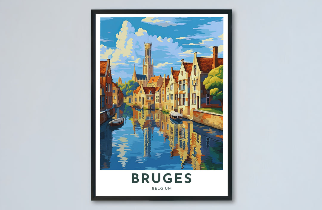 A stylish travel poster illustrating Bruges, Belgium, focusing on its famous Belfry Tower and canal reflections in a bold modern graphic style. Choose from versatile formats including budget-friendly unframed paper, solid wood framed finishes, and gallery canvas wall art.