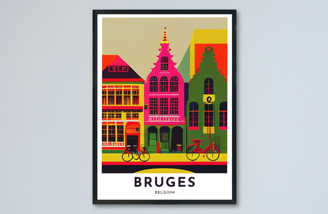 A stylish travel poster illustrating Bruges, Belgium, focusing on its iconic architecture and street bicycles in an electrifying pop art presentation. Choose from versatile formats including budget-friendly unframed paper, solid wood framed finishes, and gallery canvas wall art.