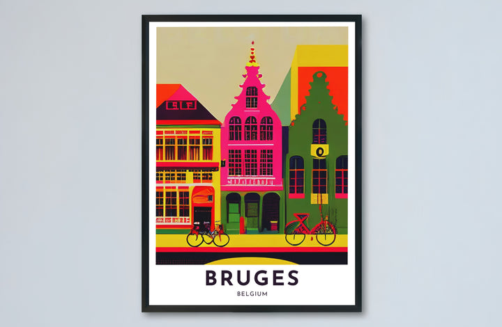 A stylish travel poster illustrating Bruges, Belgium, focusing on its iconic architecture and street bicycles in an electrifying pop art presentation. Choose from versatile formats including budget-friendly unframed paper, solid wood framed finishes, and gallery canvas wall art.