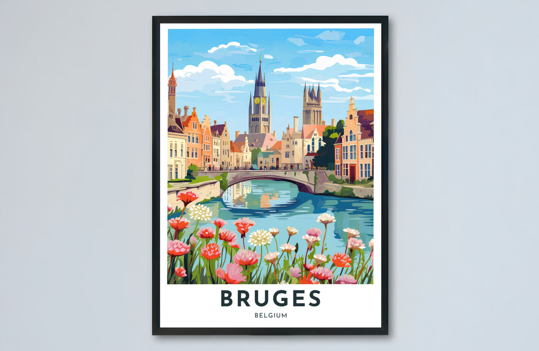 Historic city wall decor highlighting pink flowers and stone bridge architecture along the waterways of Bruges, Belgium. Choose from versatile formats including budget-friendly unframed paper, solid wood framed finishes, and gallery canvas wall art.