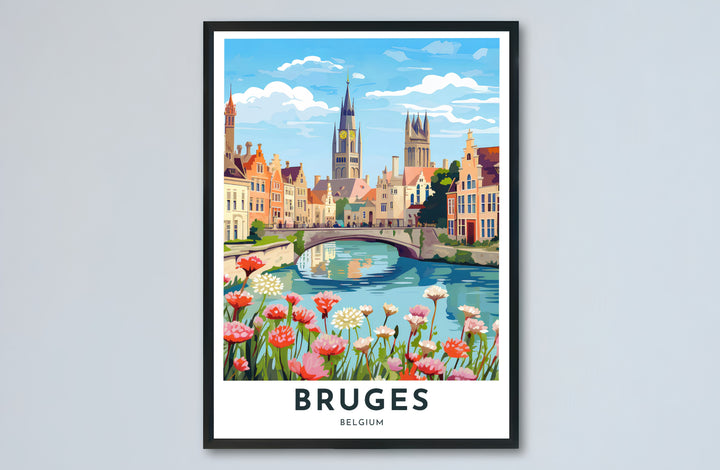 Historic city wall decor highlighting pink flowers and stone bridge architecture along the waterways of Bruges, Belgium. Choose from versatile formats including budget-friendly unframed paper, solid wood framed finishes, and gallery canvas wall art.