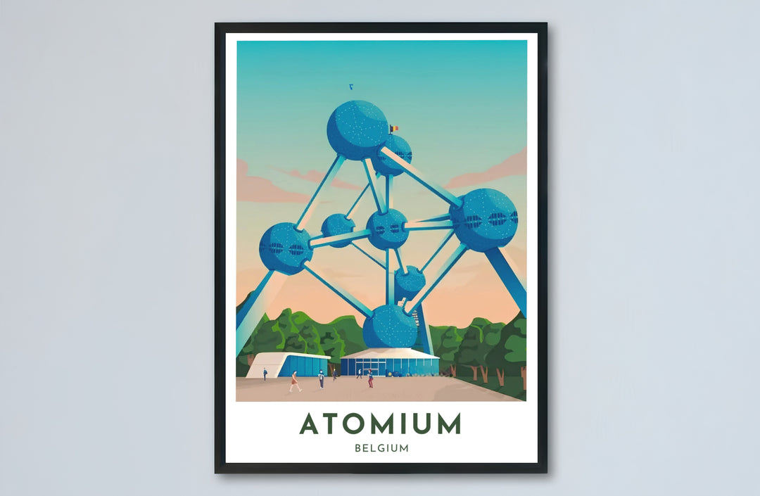 Retro-futuristic city wall decor showcasing the Atomium structure in Brussels, Belgium, with a warm horizon and detailed pavilion entrance. Choose from versatile formats including budget-friendly unframed paper, solid wood framed finishes, and gallery canvas wall art.