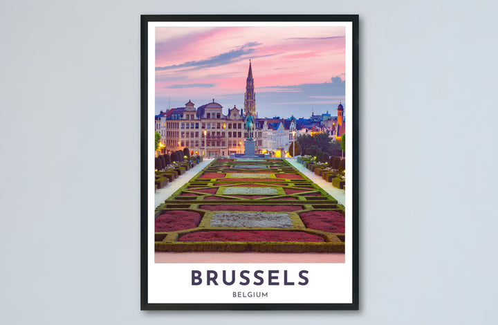 Architectural city print showcasing the grand urban vista from Mont des Arts in Brussels, Belgium, with glowing evening lights and soft pastel clouds. Choose from versatile formats including budget-friendly unframed paper, solid wood framed finishes, and gallery canvas wall art.