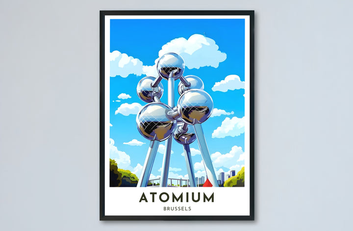 Architectural city print showcasing the monumental Atomium landmark in Brussels, Belgium, set against a bright summer sky. Choose from versatile formats including budget-friendly unframed paper, solid wood framed finishes, and gallery canvas wall art.