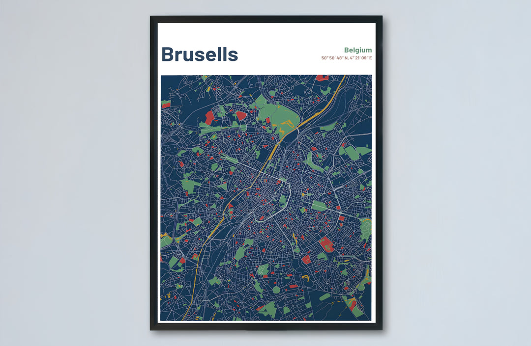 Architectural map poster detailing the urban geography of Brussels, Belgium, perfect for office or home library decoration. Choose from versatile formats including budget-friendly unframed paper, solid wood framed finishes, and gallery canvas wall art.