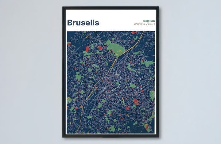 Architectural map poster detailing the urban geography of Brussels, Belgium, perfect for office or home library decoration. Choose from versatile formats including budget-friendly unframed paper, solid wood framed finishes, and gallery canvas wall art.