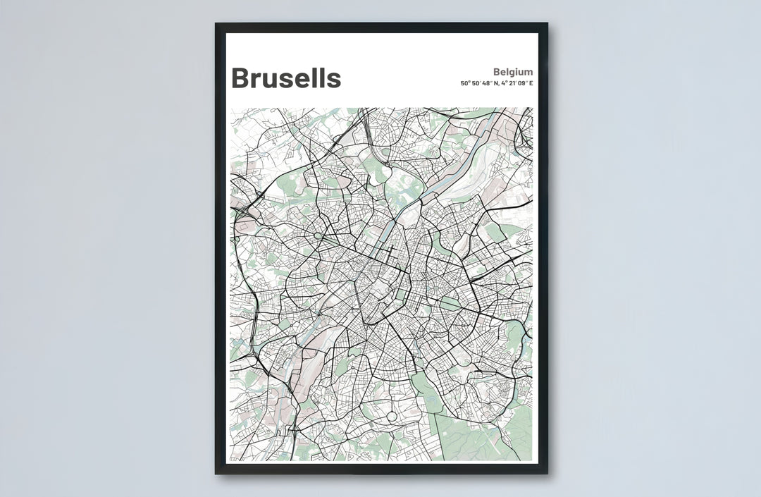 Architectural map poster detailing the urban geography of Brussels, Belgium, ideal for living rooms or home offices. Choose from versatile formats including budget-friendly unframed paper, solid wood framed finishes, and gallery canvas wall art.