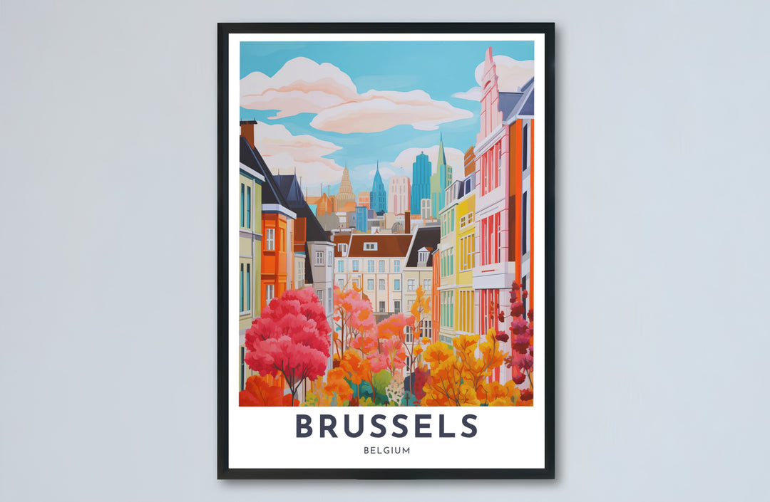 Contemporary European cityscape poster featuring the historic streetscape of Brussels, Belgium, ideal for living room or bedroom decoration. Choose from versatile formats including budget-friendly unframed paper, solid wood framed finishes, and gallery canvas wall art.