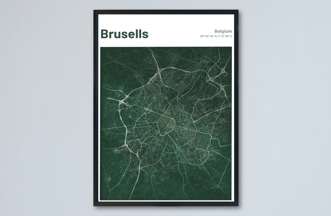 Architectural map poster detailing the urban geography of Brussels, Belgium, ideal for moody living rooms or executive home offices. Choose from versatile formats including budget-friendly unframed paper, solid wood framed finishes, and gallery canvas wall art.
