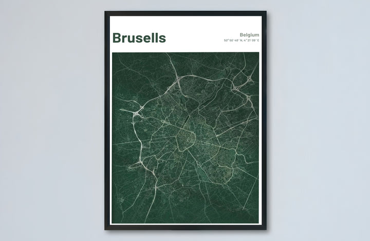 Architectural map poster detailing the urban geography of Brussels, Belgium, ideal for moody living rooms or executive home offices. Choose from versatile formats including budget-friendly unframed paper, solid wood framed finishes, and gallery canvas wall art.