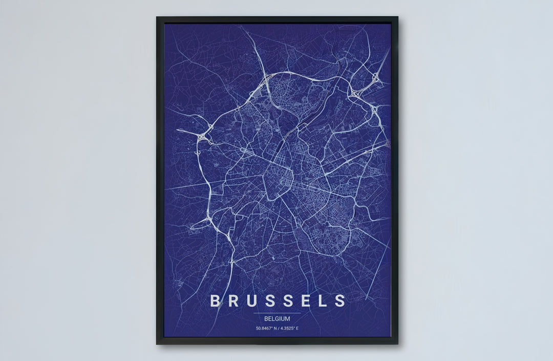 Architectural map poster detailing the urban geography of Brussels, Belgium, ideal for coastal living rooms or executive home offices. Choose from versatile formats including budget-friendly unframed paper, solid wood framed finishes, and gallery canvas wall art.
