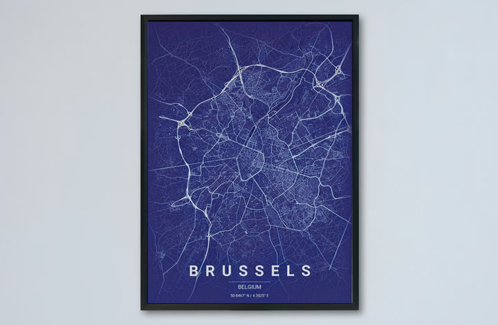Architectural map poster detailing the urban geography of Brussels, Belgium, ideal for coastal living rooms or executive home offices. Choose from versatile formats including budget-friendly unframed paper, solid wood framed finishes, and gallery canvas wall art.