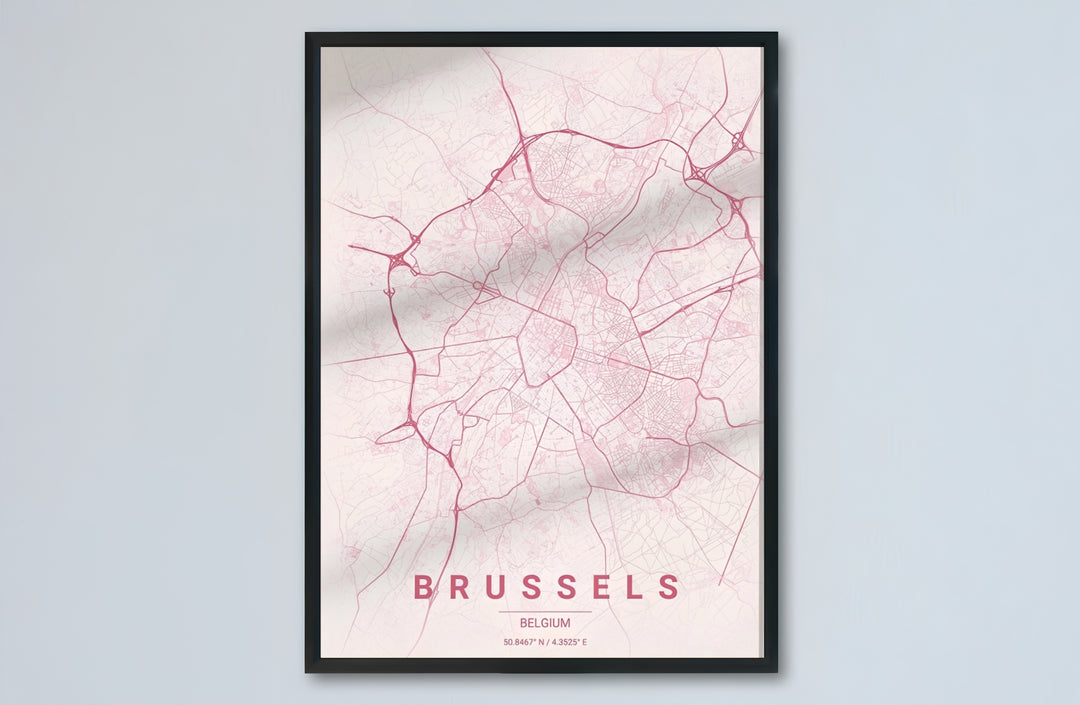 Architectural map poster detailing the urban geography of Brussels, Belgium, ideal for modern bedrooms, vanities, or living room walls. Choose from versatile formats including budget-friendly unframed paper, solid wood framed finishes, and gallery canvas wall art.