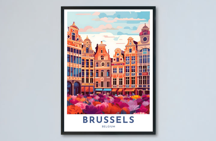 Architectural wall poster illustrating the historic center and vibrant square of Brussels Grand Place in Belgium for living rooms. Choose from versatile formats including budget-friendly unframed paper, solid wood framed finishes, and gallery canvas wall art.