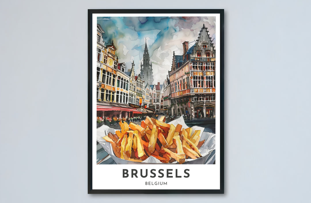 Architectural and food print illustrating the vibrant charm of Brussels Grand Place in Belgium, perfect for modern dining rooms and kitchen nooks. Choose from versatile formats including budget-friendly unframed paper, solid wood framed finishes, and gallery canvas wall art.