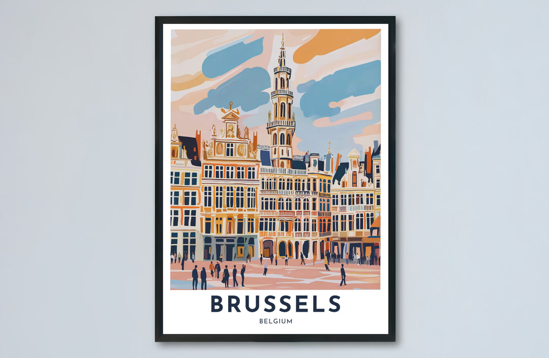 Architectural wall poster illustrating the historic center and vibrant plaza of Brussels Grand Place in Belgium for living rooms. Choose from versatile formats including budget-friendly unframed paper, solid wood framed finishes, and gallery canvas wall art.