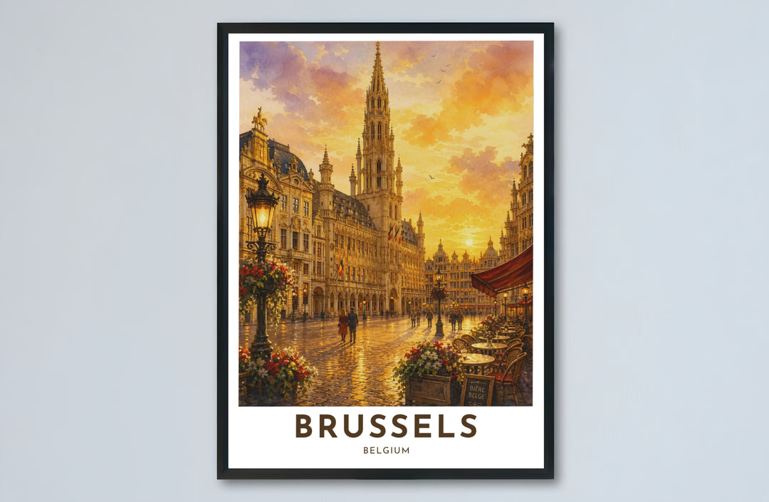 Architectural wall poster illustrating the historic center and warm sunset lighting of Brussels Grand Place in Belgium for living rooms. Choose from versatile formats including budget-friendly unframed paper, solid wood framed finishes, and gallery canvas wall art.