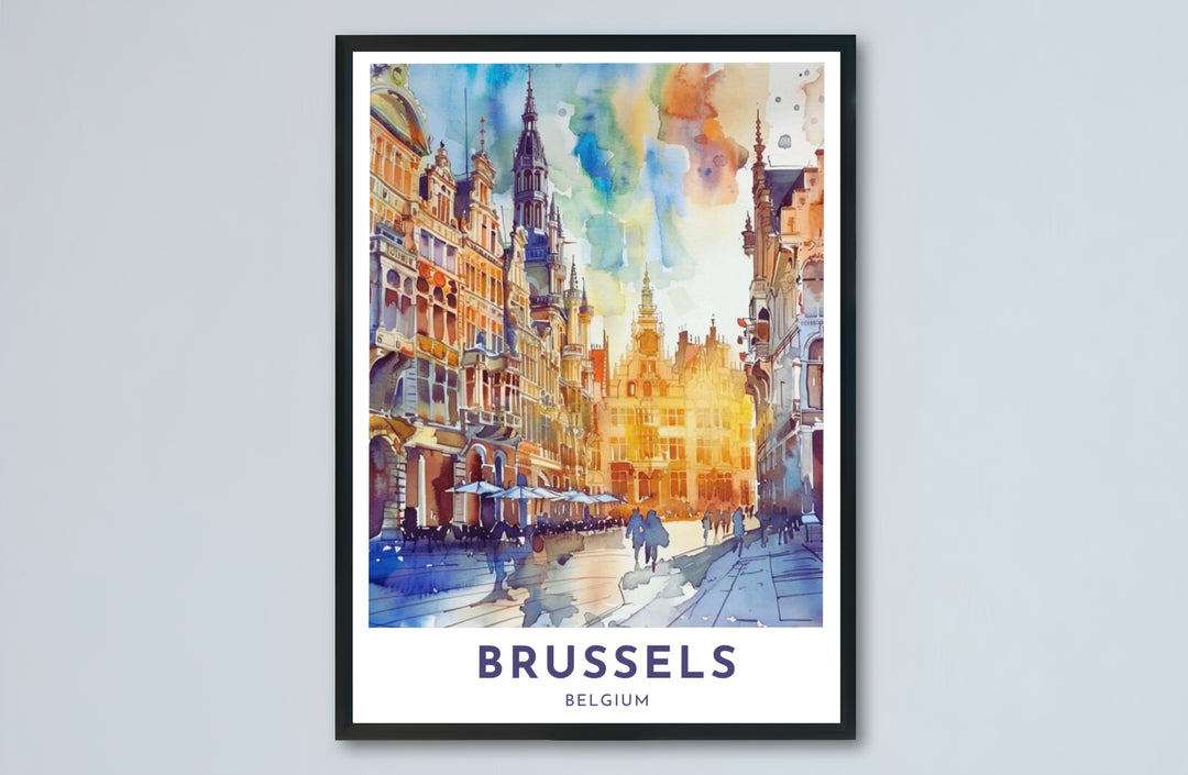 Architectural wall poster illustrating the historic center and colorful watercolor atmosphere of Brussels Grand Place in Belgium for living rooms. Choose from versatile formats including budget-friendly unframed paper, solid wood framed finishes, and gallery canvas wall art.