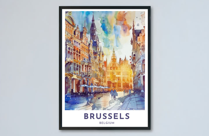 Architectural wall poster illustrating the historic center and colorful watercolor atmosphere of Brussels Grand Place in Belgium for living rooms. Choose from versatile formats including budget-friendly unframed paper, solid wood framed finishes, and gallery canvas wall art.