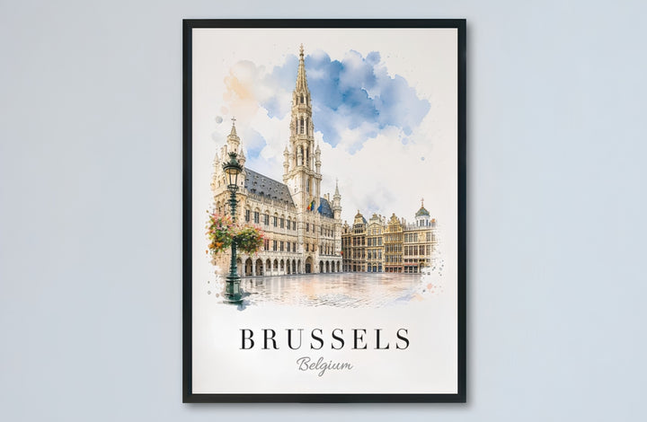 Architectural wall poster illustrating the historic center and soft watercolor textures of Brussels Grand Place in Belgium for living rooms. Choose from versatile formats including budget-friendly unframed paper, solid wood framed finishes, and gallery canvas wall art.