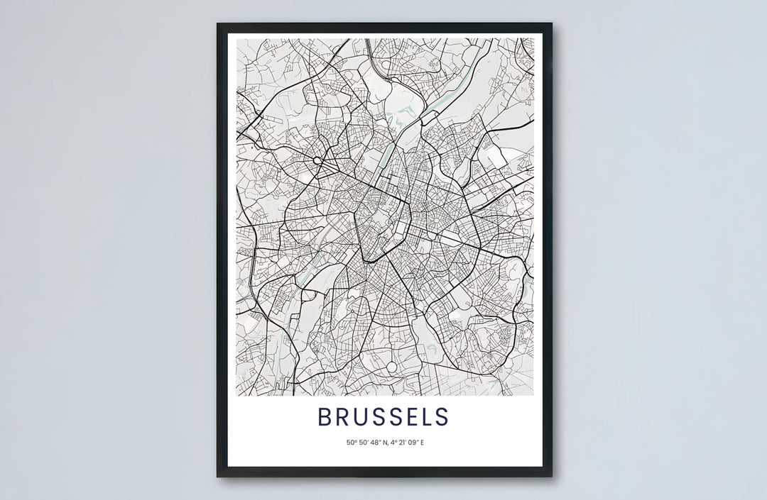 Black and white map poster illustrating the layout and street grid of Brussels in Belgium for industrial and modern interiors. Choose from versatile formats including budget-friendly unframed paper, solid wood framed finishes, and gallery canvas wall art.