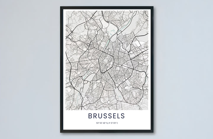 Black and white map poster illustrating the layout and street grid of Brussels in Belgium for industrial and modern interiors. Choose from versatile formats including budget-friendly unframed paper, solid wood framed finishes, and gallery canvas wall art.