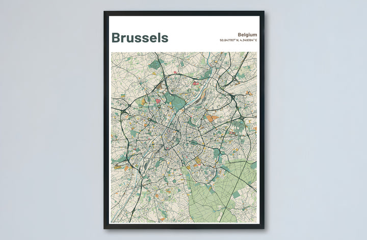Cartographic map poster illustrating the layout and street density of Brussels in Belgium for study rooms. Choose from versatile formats including budget-friendly unframed paper, solid wood framed finishes, and gallery canvas wall art.