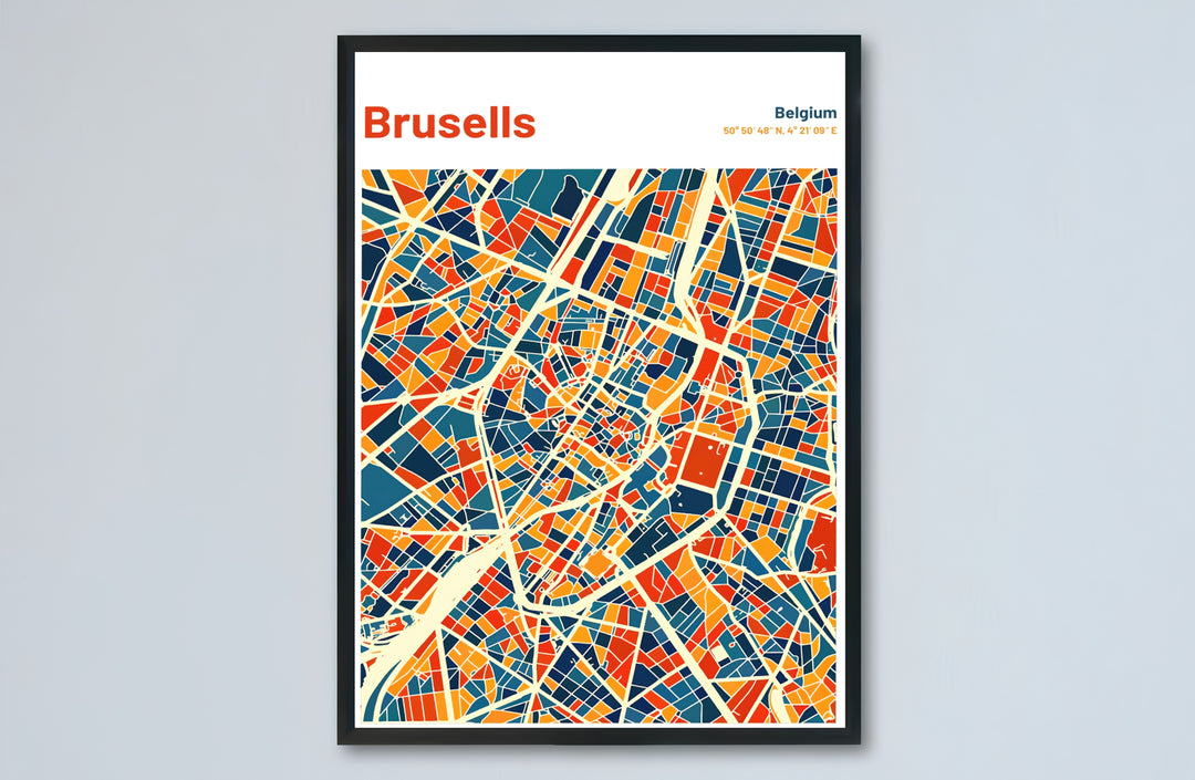 Abstract map poster illustrating the layout and street grid of Brussels in Belgium in a stained-glass style for modern living rooms. Choose from versatile formats including budget-friendly unframed paper, solid wood framed finishes, and gallery canvas wall art.