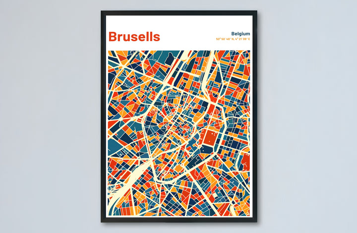 Abstract map poster illustrating the layout and street grid of Brussels in Belgium in a stained-glass style for modern living rooms. Choose from versatile formats including budget-friendly unframed paper, solid wood framed finishes, and gallery canvas wall art.
