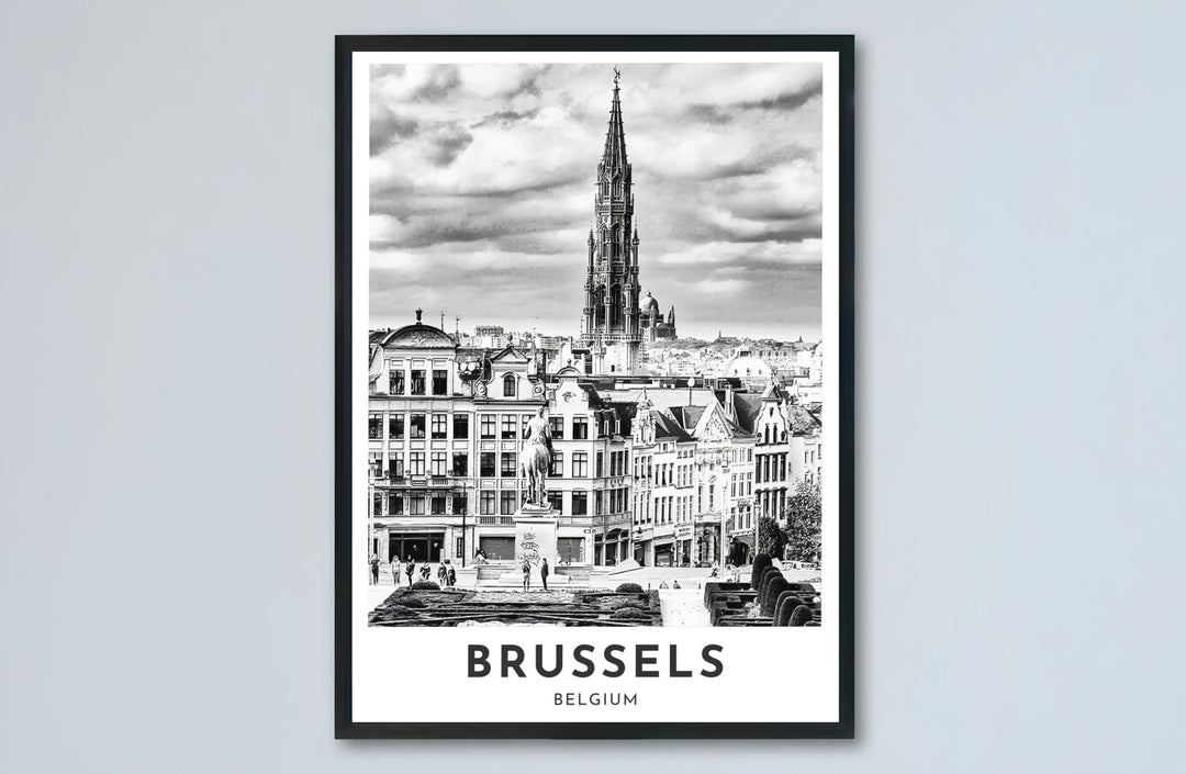 Architectural wall poster illustrating the historic center and dramatic clouds above Mont des Arts in Brussels, Belgium, for living rooms. Choose from versatile formats including budget-friendly unframed paper, solid wood framed finishes, and gallery canvas wall art.