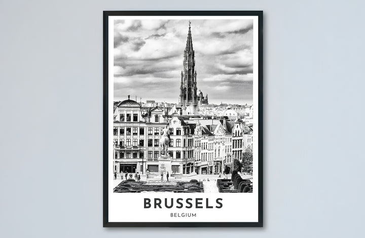 Architectural wall poster illustrating the historic center and dramatic clouds above Mont des Arts in Brussels, Belgium, for living rooms. Choose from versatile formats including budget-friendly unframed paper, solid wood framed finishes, and gallery canvas wall art.