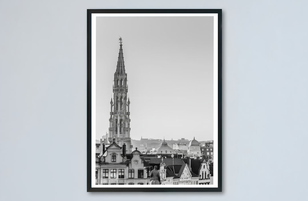 Architectural skyline poster capturing the historic charm and Gothic craftsmanship of Brussels, Belgium, for modern interiors. Choose from versatile formats including budget-friendly unframed paper, solid wood framed finishes, and gallery canvas wall art.
