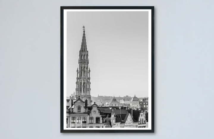 Architectural skyline poster capturing the historic charm and Gothic craftsmanship of Brussels, Belgium, for modern interiors. Choose from versatile formats including budget-friendly unframed paper, solid wood framed finishes, and gallery canvas wall art.
